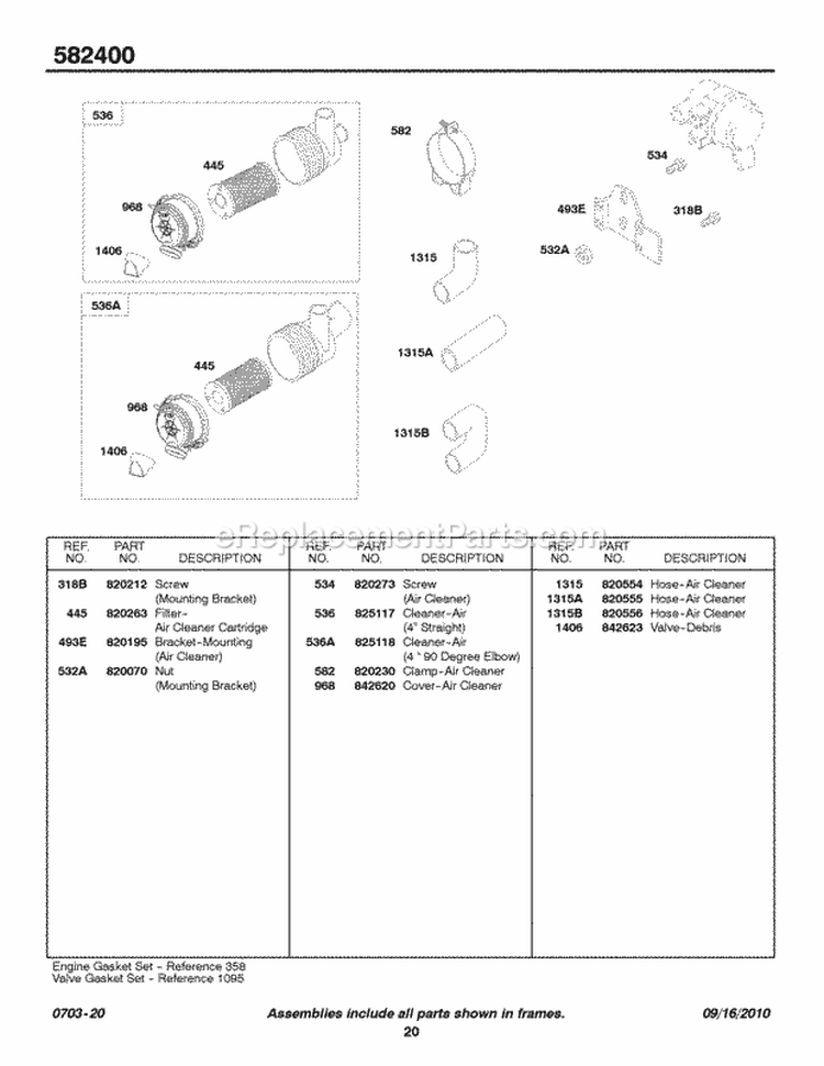 Air Cleaner Hoses Diagram and Parts List for 582447-0476-E2  Briggs and Stratton Engine
